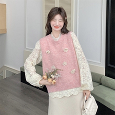 韩系甜美蕾丝上衣女2025早春新款针织马甲镂空打底衫潮，女装马甲，维壹