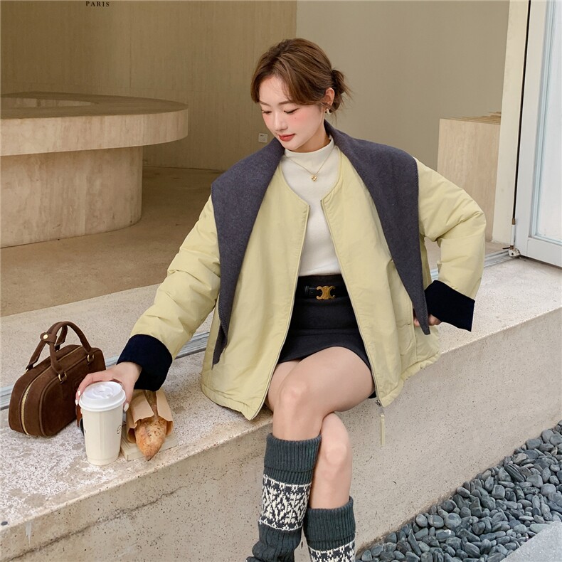 韩系撞色围巾羽绒棉服女秋冬2025新款加厚棉衣减龄温柔风绝美棉袄,女装棉衣/棉服,2C159