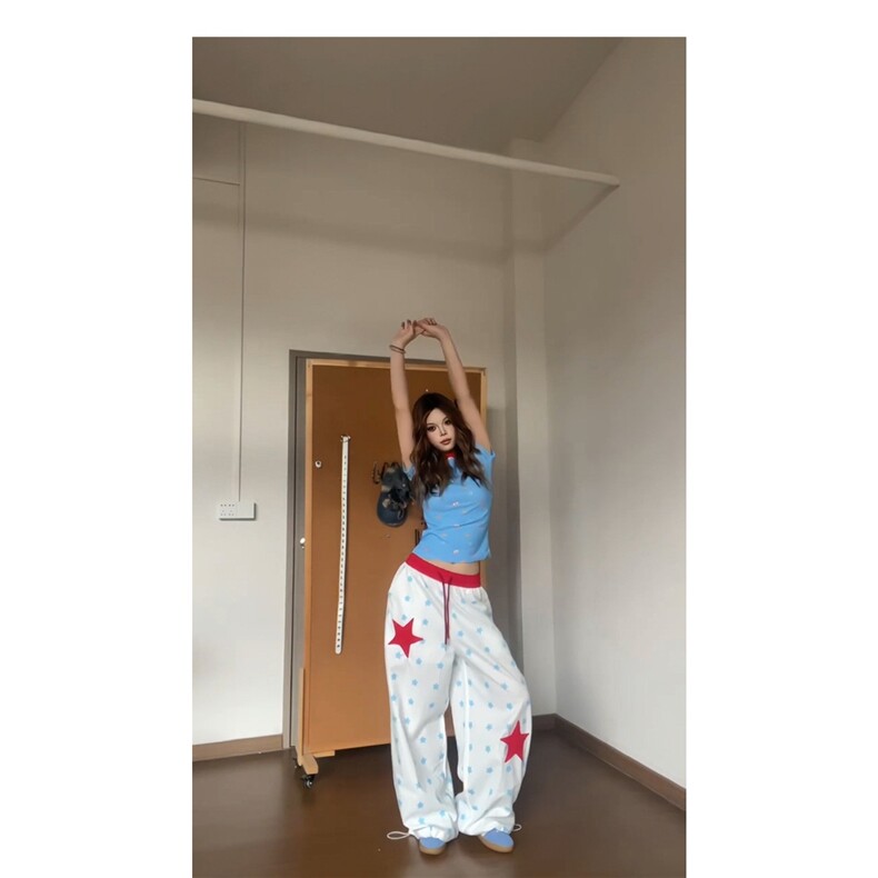 美式复古星星印花休闲裤女夏季新款宽松显瘦百搭轻薄阔腿裤,男装休闲裤,星座1210-1
