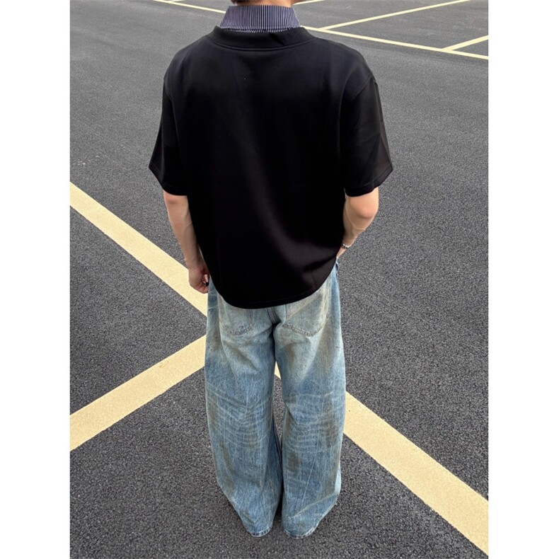 假两件拼接简约短袖男女格纹衬衫领T恤美式半袖T15-P50,男装T恤,星座208-5