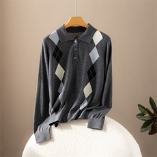 2025年秋季时尚百搭通勤简约休闲polo领菱形格长袖，女装羊毛衫，致织羊绒