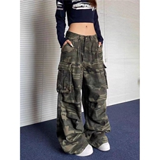 美式复古褶皱多口袋迷彩工装牛仔裤女高街潮牌显瘦堆积感拖地裤子，男装牛仔裤，星座1210-1
