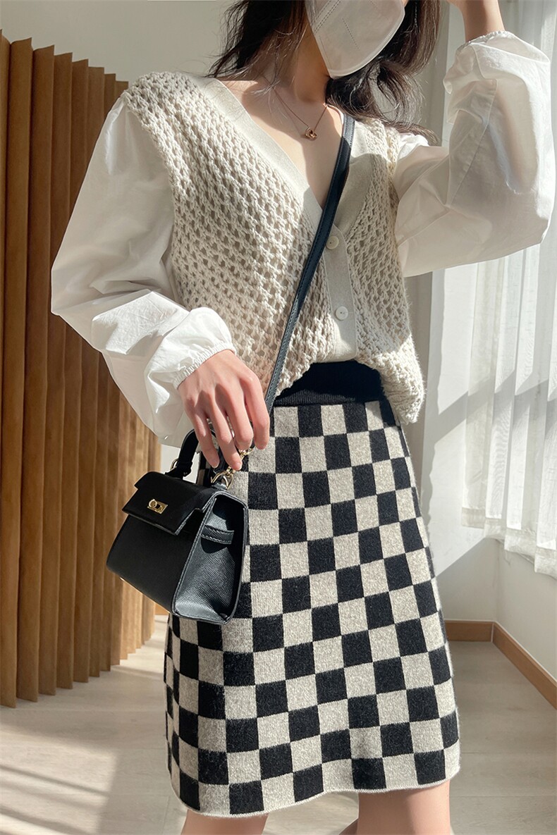 秋冬季羊毛棋盘格直筒修身个性半身裙短裙,女装半身裙,君贝羊绒
