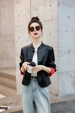 海宁皮衣女百搭盘扣立领袖口拼接短装新中式皮外套，女装短外套，泰合衣坊