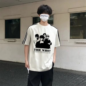 抖音得物高品质二开240克宽松纯棉美式潮牌三条杠织带短袖T恤图片
