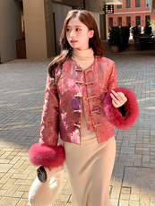 水衣源2700A新中式提花圆领短款羽绒外套女配袖口狐狸毛条，女装羽绒服，水衣源
