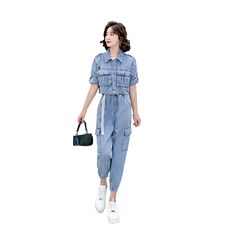 2022夏季新款简约气质减龄翻领个性复古牛仔两件套，女装套装/套裙，魅影