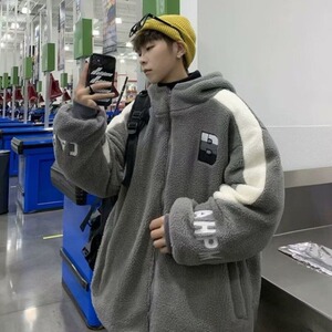 无性别秋冬羊羔绒连帽棉衣外套男女撞色刺绣加棉加厚潮牌 JK507图片