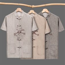 M-7XL夏季唐装套装中老年短袖薄款亚麻唐装男士大码套装001款，男装民族服装，星座802