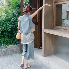 韩版蕾丝拼接牛仔马甲阔腿裤套装女2025夏季新款度假风显瘦两件套，女装套装/套裙，2C316