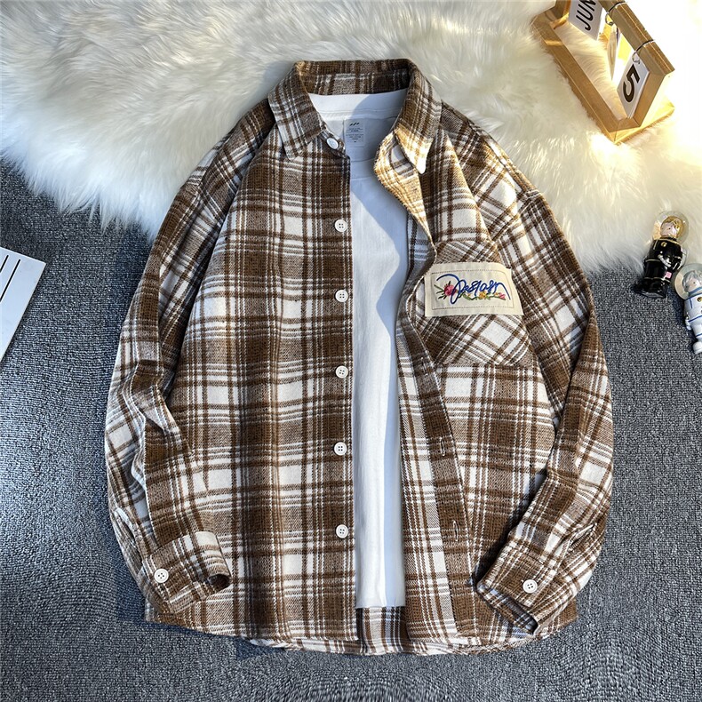 新品格子绣花衬衫外套男士情侣装宽松长袖衬衣港风DX506P55控78,男装衬衫,电商B413-1
