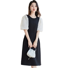 /泡泡袖连衣裙女夏季优雅气质收腰显瘦撞色拼接黑色中长裙，女装连衣裙，韩蔻秀