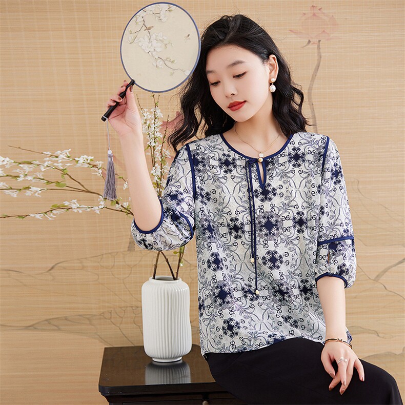 夏季时尚优雅别致设计感新中式清新百搭衬衣2025小衫上衣,女装蕾丝衫/雪纺衫,媚琳依坊