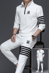 男士刺绣卫衣套装春秋季两件套翻领套头商务休闲服中年运动套装图片