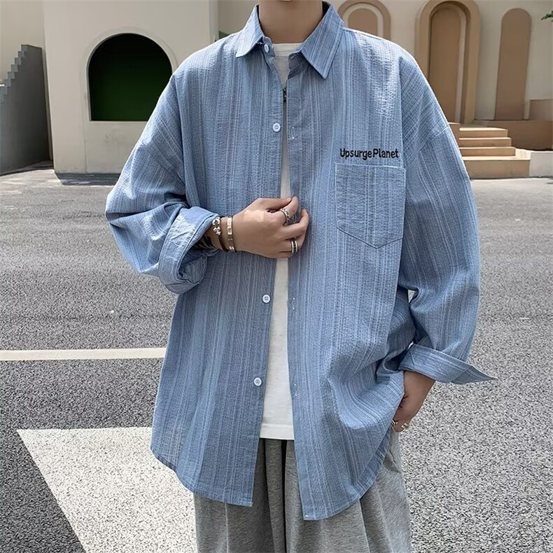 文艺标准新款青春流行慵懒翻领男时尚长袖日系衬衫外套RC80P40图片