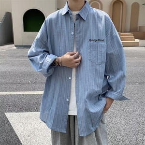 文艺标准新款青春流行慵懒翻领男时尚长袖日系衬衫外套RC80P40图片