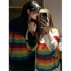 【有货】彩虹镂空连帽针织开衫男女罩衫情侣衬衫外套2401CC-特P48，男装衬衫，星座1007（原301D）