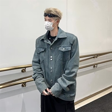 美式高街Vibe风复古蓝翻领纽扣牛仔外套男潮牌夹克情侣休闲外套男，男装夹克，星座601-2