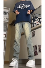 美式高街小众分割设计直筒做旧微喇牛仔裤A440P55控78，男装牛仔裤，电商A309