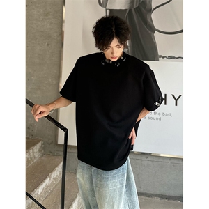 美式cleanfit短袖男款夏季高级感重磅小领口垫肩t恤欧美潮牌半袖图片