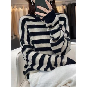 圆领条纹羊毛衫女宽松慵懒风秋冬新款长袖羊毛针织衫图片