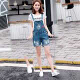 水洗翻边拉链图案纽扣2021年夏季常规短款背带裤高腰磨破连体裤，女装连体裤，奕阳依阁