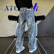 秋冬加绒牛仔裤男士个性树叶印花直筒牛仔弯刀裤潮901N50加绒P68，男装牛仔裤，星座901