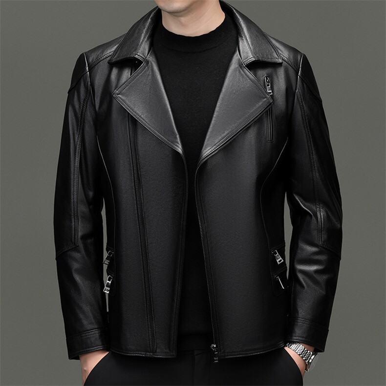 W2213YR冬季海宁男士真皮羽绒服牛皮夹克短款皮外套翻领机车皮衣图片