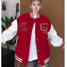 港风复古蛇年棒球印花服外套女春秋季宽松男拼接皮袖夹克情侣潮流，男装夹克，星座506A