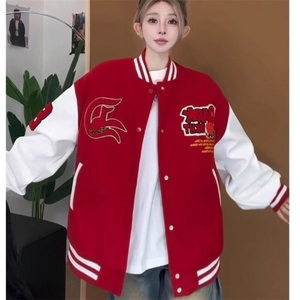 港风复古蛇年棒球印花服外套女春秋季宽松男拼接皮袖夹克情侣潮流图片