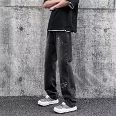 美式复古高街刺绣显瘦牛仔裤男女中高泼墨直筒阔腿长裤NC113-p43，男装牛仔裤，星座1008