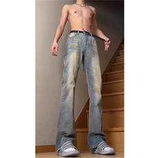 高个子蓝色泛黄牛仔裤男生夏季美式高街cleanfit直筒显瘦微喇裤子，男装牛仔裤，星座412-3