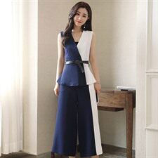 无袖V领拼接上衣+宽松阔腿裤时尚简约百搭2020年夏季套装/套裙，女装套装/套裙，贵人树