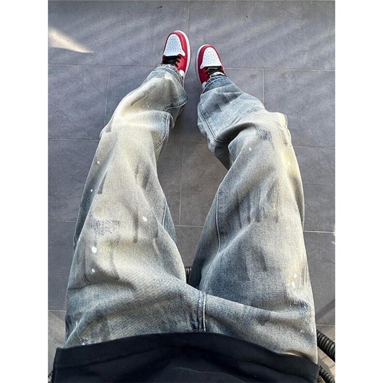 网图美式脏染泼墨牛仔裤阔腿直筒水洗磨破长裤子A025-QN6801-P45，男装牛仔裤，电商A025