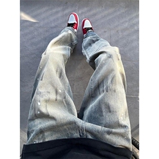 网图美式脏染泼墨牛仔裤阔腿直筒水洗磨破长裤子A025-QN6801-P45，男装牛仔裤，电商A025