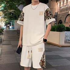 潮休闲运动套装男夏季宽松薄款短袖短裤两件套大码男装冰丝t恤，男装牛仔裤，星座1210-1