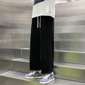 【现货】九分牛仔裤男港风宽松直筒橡筋裤松紧腰抽绳水洗991-P35图片