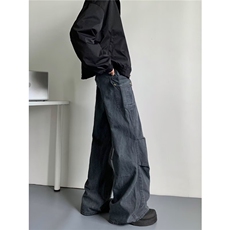 深灰色工装裤男春秋季美式复古水洗做旧宽松褶皱直筒牛仔裤7651，男装牛仔裤，星座506