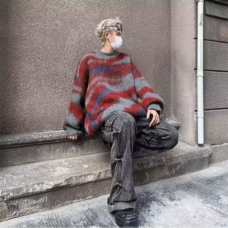 美式复古条纹绿色毛衣男款秋季韩系慵懒风格穿搭潮牌毛线衣外套,男装针织衫/毛衣,星座506A