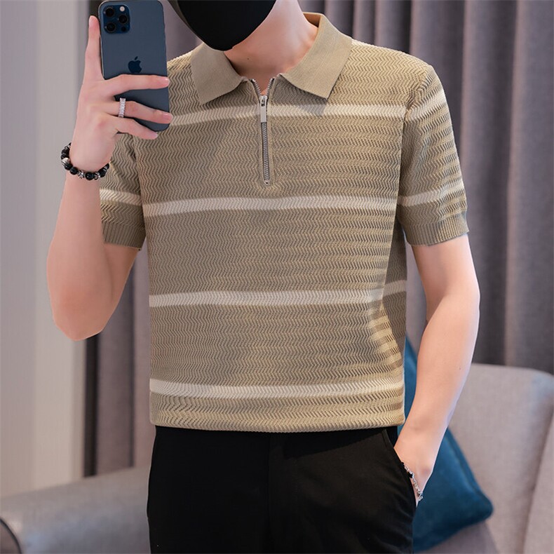 2025夏季短袖针织冰丝条纹短袖翻领Polo衫F6182-P55,男装T恤,电商D342