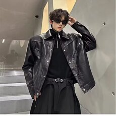 秋冬小众解构高级感痞帅机车上衣外套男复古潮牌PU皮衣短夹克外套，男装夹克，星座1210-1