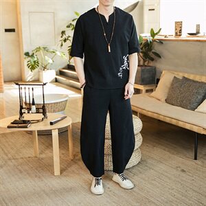 2021春夏季男棉麻短袖T恤九分裤套装大码两件套QT6005-TZ05图片