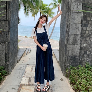 工装牛仔背带裤套装女2025夏季新款韩版时尚减龄休闲阔腿裤两件套图片