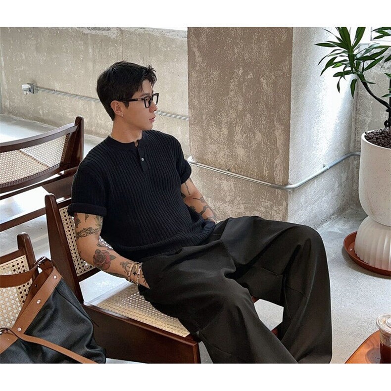 老钱风亨利领T恤简约纯色冰丝针织短袖上衣H9123/P58,男装T恤,电商A243