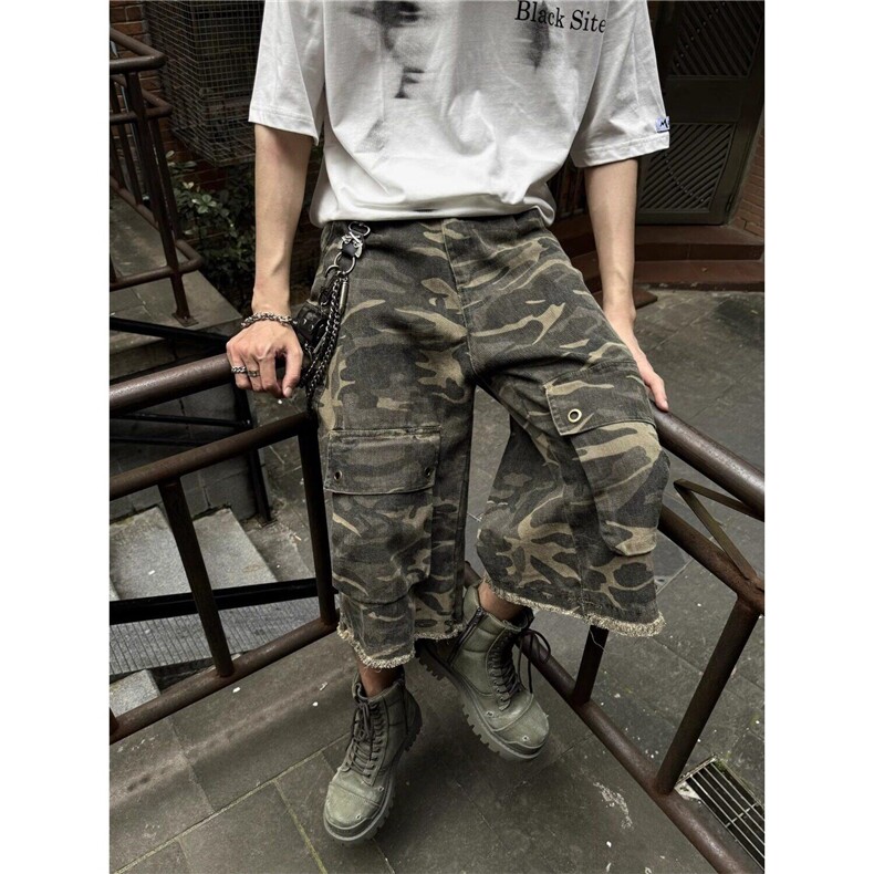 美式复古街头大口袋毛边迷彩工装七分裤男女宽松短裤DLN1102-P52图片