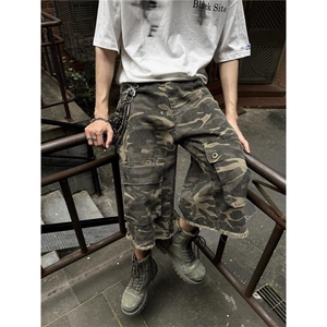 美式复古街头大口袋毛边迷彩工装七分裤男女宽松短裤DLN1102-P52图片