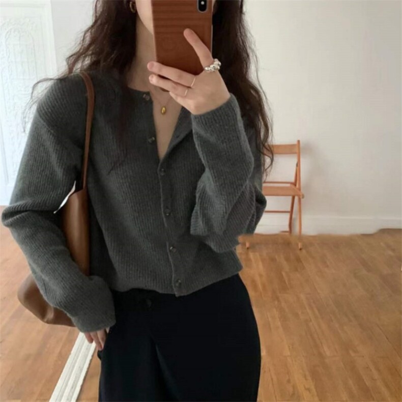 2025春秋新款开衫女宽松短款坑条毛衣小外套针织衫上衣百搭薄,女装羊毛衫,悦玛羊绒