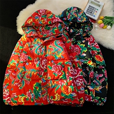 MY206东北大花连帽棉衣外套风汉服大码宽松男女棉服棉袄保暖，男装棉衣，星座115A-1
