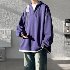 8XL-M叠穿假两件卫衣重磅连帽V领拼接套头衫宽松大码外套WY006P65，男装卫衣，电商B312