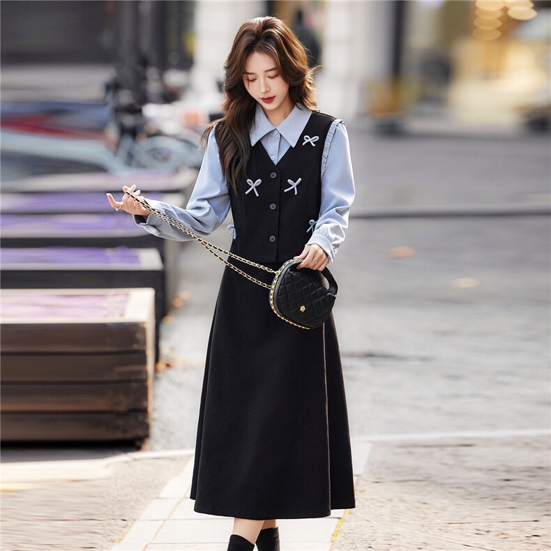 2026法式轻奢气质高级感拼接假两件连衣裙春季新款遮跨显瘦中长裙，女装连衣裙，姿萝菲